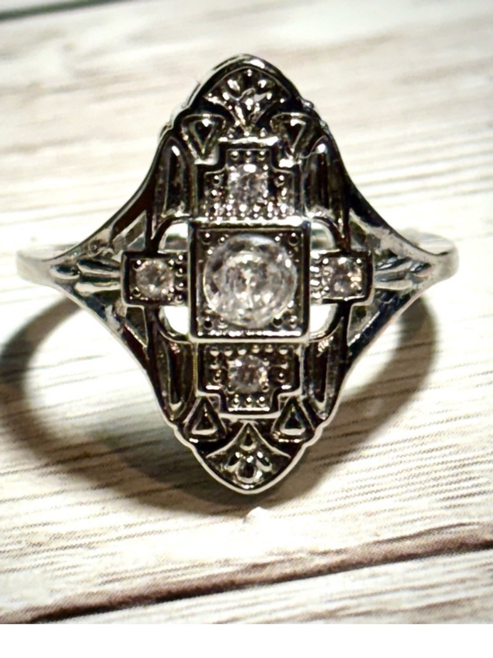 STERLING Silver Diamond Simulated Art Deco Style Cocktail Ring